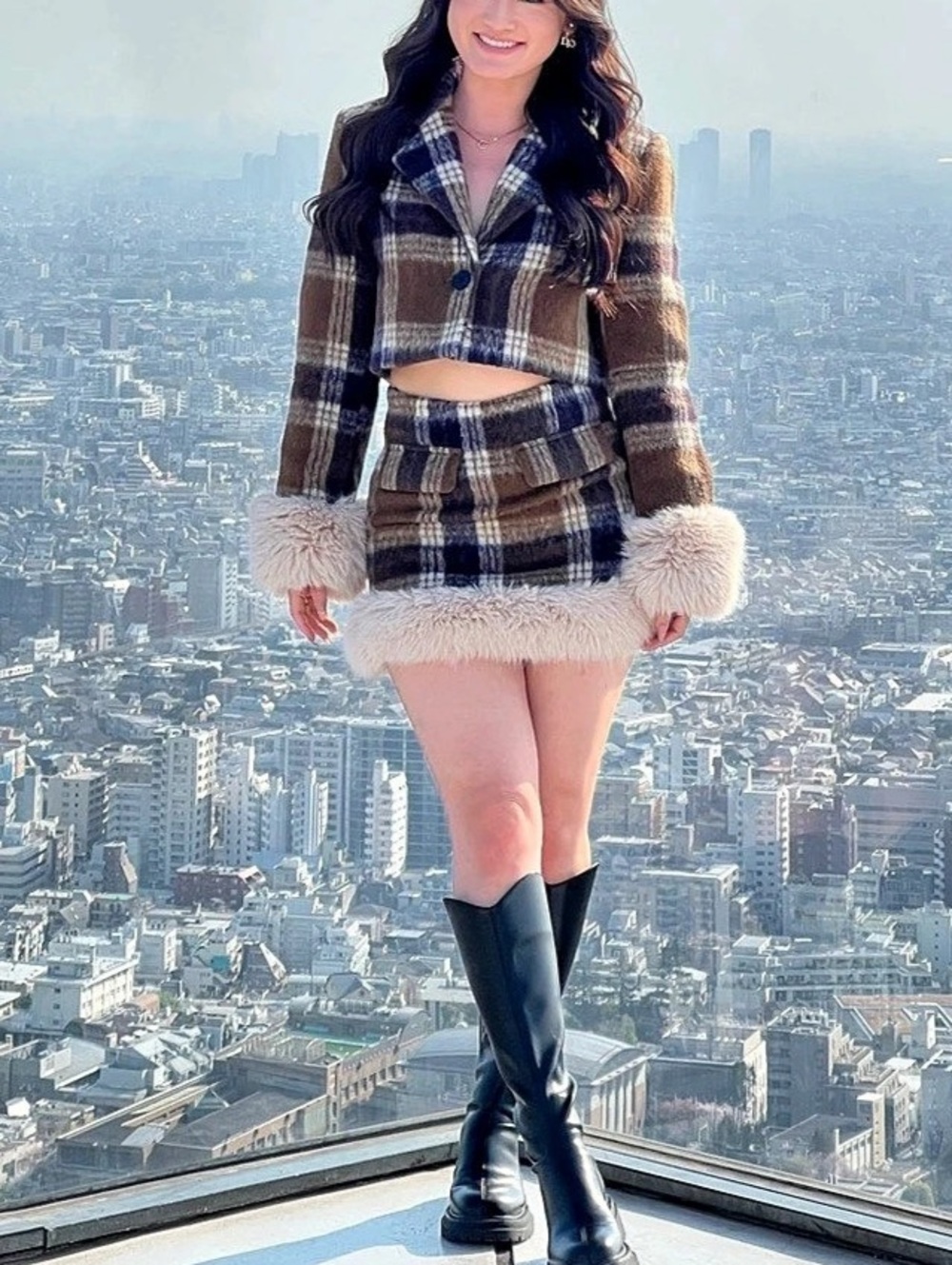 Plaid Cropped Jacket in Brown & White Like New
